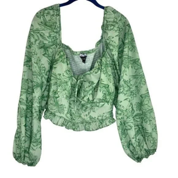 NWT Eloquii Green Floral Cropped Shirt with Long Balloon Sleeves - Picture 2 of 7